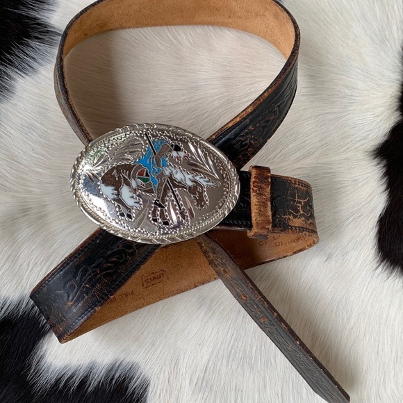 Handcrafted Silver Western Buckle Vintage Levi’s Tooled Leather Belt Set Size 36